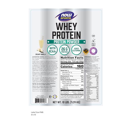 NOW Sports Nutrition, Whey Protein, 26 G With BCAAs, Creamy Vanilla Powder, 10-Pound