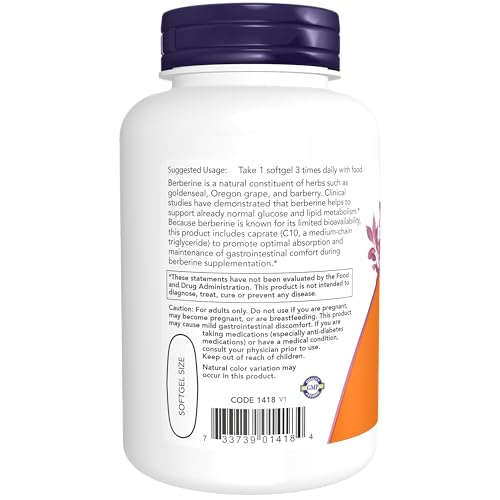 NOW Supplements, Berberine Glucose Support, Combined with MCT Oil for Optimal Berberine Absorption, 90 Softgels
