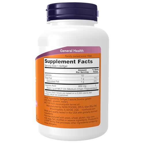 NOW Supplements, Caprylic Acid 600 mg, MCT (Medium-Chain Triglycerides), 100 Softgels