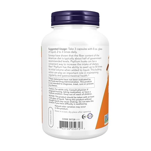 NOW Supplements, Psyllium Husk Caps 500 mg, Non-GMO Project Verified, Natural Soluble Fiber, Intestinal Health*, 500 Veg Capsules