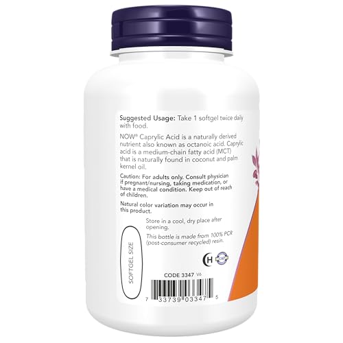 NOW Supplements, Caprylic Acid 600 mg, MCT (Medium-Chain Triglycerides), 100 Softgels