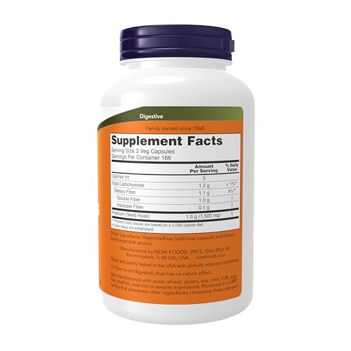 NOW Supplements, Psyllium Husk Caps 500 mg, Non-GMO Project Verified, Natural Soluble Fiber, Intestinal Health*, 500 Veg Capsules