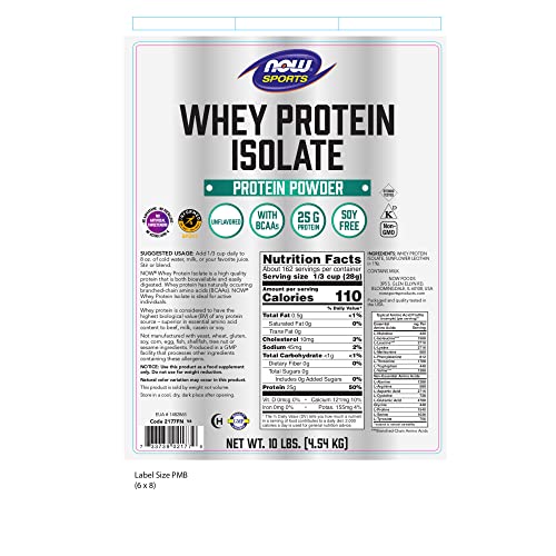 NOW Sports Nutrition, Whey Protein Isolate, 25 g With BCAAs, Unflavored Powder, 10-Pound